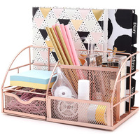 EXERZ Desk Organiser with 7 Compartments -Mesh Desk Tidy Caddy – Rose Gold