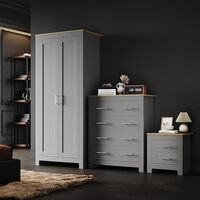 ELEGANT Cabinet Furniture Set 2 Door Bedroom Wardrobe and 4 Drawer Chest and Bedside Cabinet Grey/Oak