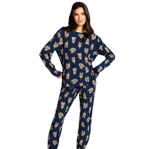 Chelsea Peers Long Pyjama Set - Navy Cockapoo Print