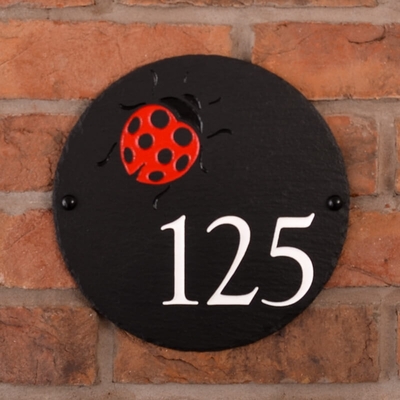 Round Rustic Slate House Number with Ladybird Image