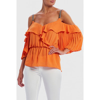 Image of FOREVER UNIQUE SIRIUS COLD-SHOULDER PEARL EMBELLISHED RUFFLE TOP - ORANGE - 8