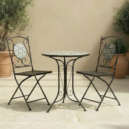 2 Seater Garden Wrought Iron Bistro Set with Blue Mosaic