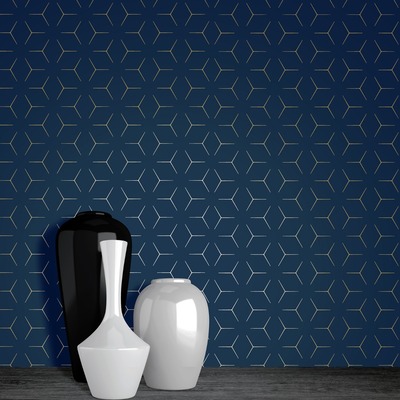 Metro Illusion Geometric Wallpaper - Navy Blue and Gold - WOW005