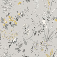 Image of Mariko Bird Floral Wallpaper Grey Crown M1551