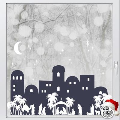 Christmas Nativity Village Window Decal - Blue - Small (80x58 - tallest building 38cms)