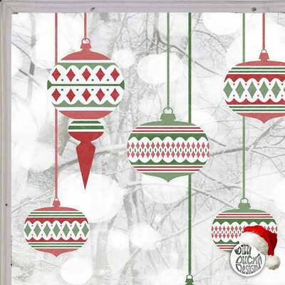 10 Moroccan Christmas Bauble Window Decals - Red/Green - Large Set