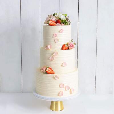Three Tier Floral Ruffle Wedding Cake - Pink & Petals - Three Tier (10", 8", 6")