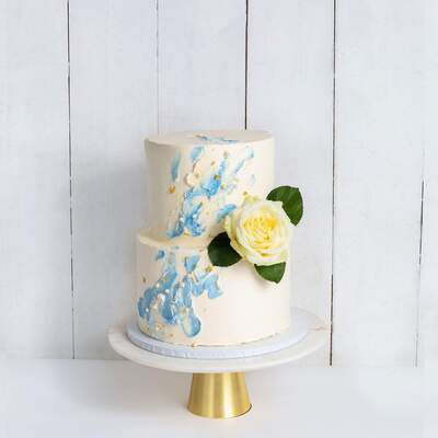 Two Tier Watercolour Rose Wedding Cake - Blue - Two Tier (8", 6")