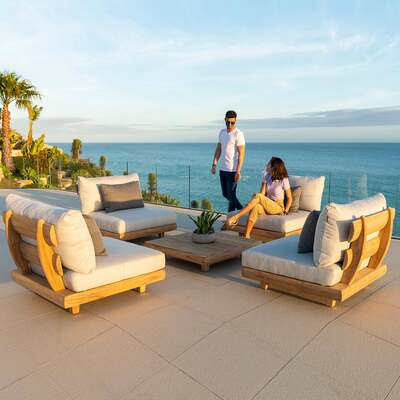 Alexander Rose Outdoor Sorrento Teak 4 Seater Lounge Set with Cushions and Coffee Table, Niebla