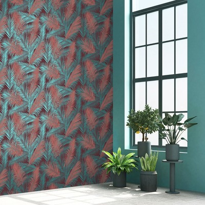 Eden Wallpaper Collection Ilana Leaf Claret & Teal Muriva J98210
