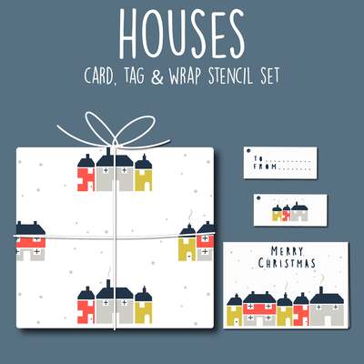 Christmas Houses Card, Tag & Wrap Stencil Set - Card, Tag & Wrap Set