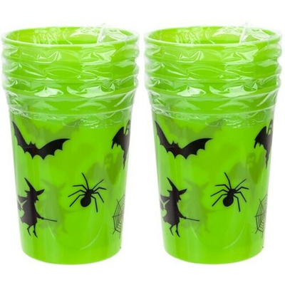 Children’s Halloween Neon Plastic Drinks Cups Set Party Tableware - Eight Green Cups