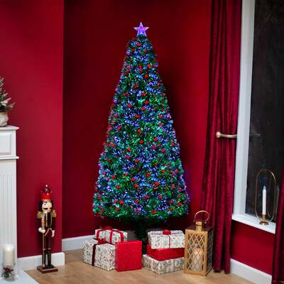 2ft - 7ft Green Fibre Optic Christmas Tree with Multi Coloured Fibre Optic Lights and Red Berries, 4FT