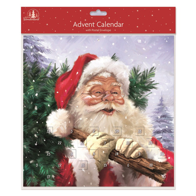 Traditional Christmas Advent Calendar Card & Postal Envelope - Santa & Tree