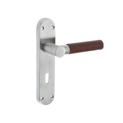 Frelan Hardware Ascot Suite Door Handles On Backplate, Satin Chrome With Brown Leather Handle - JV4008SC (sold in pairs) LATCH