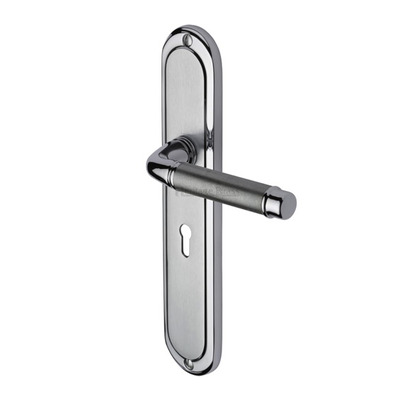 Heritage Brass Saturn (Long Plate) Apollo Finish, Polished Chrome & Satin Chrome Door Handles - SAT2000-AP (sold in pairs) LOCK (WITH KEYHOLE)
