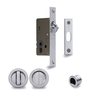 Heritage Brass Round Flush Handle Sliding Door Privacy Lock Set (40mm OR 50mm Backset), Satin Chrome - RD2308-SC 40mm ROUND FLUSH HANDLE - SATIN CHROME