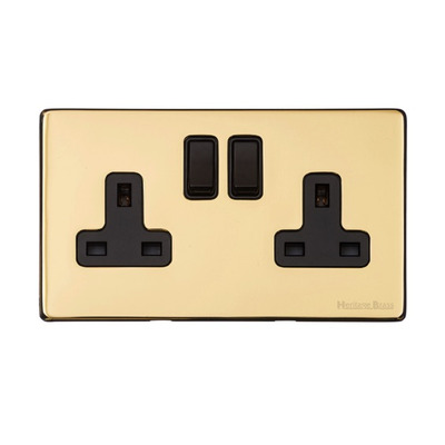 M Marcus Electrical Vintage Double 13 AMP Switched Socket, Polished Brass With Black Switch - X01.150.BK POLISHED BRASS