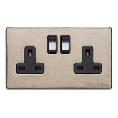 M Marcus Electrical Vintage Double 13 AMP Switched Socket, Rustic Nickel With Black Switch - XRN.150.BK RUSTIC NICKEL
