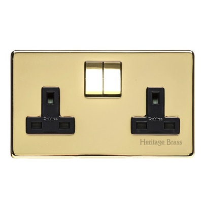 M Marcus Electrical Studio Double 13 AMP Switched Socket, Polished Brass (Black OR White Trim) - Y01.250 POLISHED BRASS - BLACK INSET TRIM