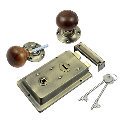 Prima Rim Lock (155mm x 105mm) With Rosewood Mushroom Rim Knob (57mm), Antique Brass - BH1021XL (sold as a set) ANTIQUE BRASS RIM LOCK WITH MUSHROOM ROSEWOOD KNOB