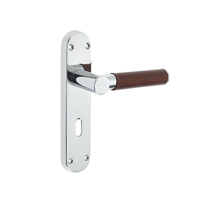 Frelan Hardware Ascot Suite Door Handles On Backplate, Polished Chrome With Brown Leather Handle - JV4007PC (sold in pairs) LATCH
