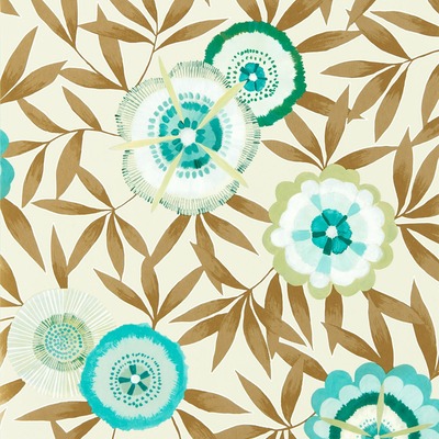 Harlequin Komovi Floral Wallpaper Lagoon Green and Gold HSAW112159
