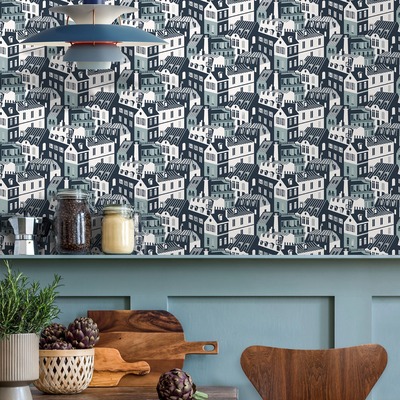 Travelogue Collection Emma’s Apartment Wallpaper High Tide Teal and Zinc Mini Moderns MMTLG06HT