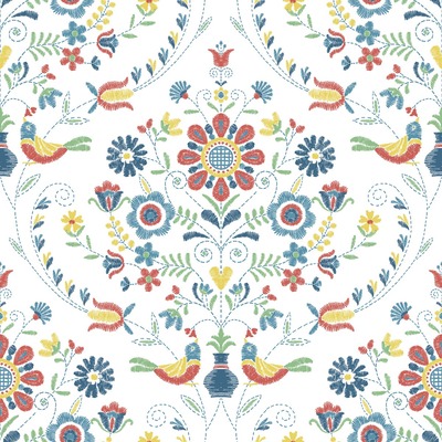 Britt Woodland Damask Vinyl Wallpaper Red / Blue Fine Decor FD26512
