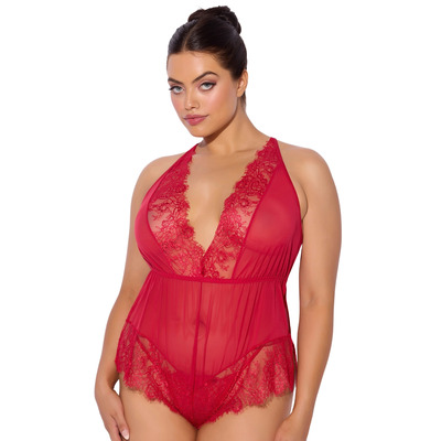House Of Desire Mila Mesh & Eyelash Lace High Slit Romper Teddy - Tango Red - 3X/4X