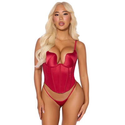House Of Desire Brigeta Satin Plunge Push Up Bustier & Thong Set - Crimson Red