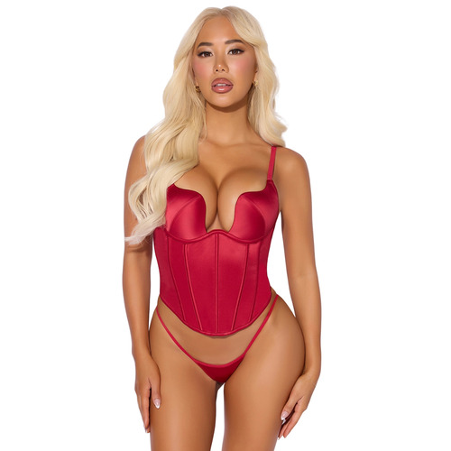 House Of Desire Brigeta Satin Plunge Push Up Bustier & Thong Set - Crimson Red