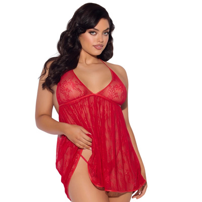 House Of Desire Kiki Lace & Faux Leather Drop Off Babydoll Set - Barbados Cherry - 3X/4X