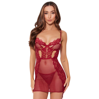 House Of Desire Dezi Lace & Chain Chemise Set - Rhubarb