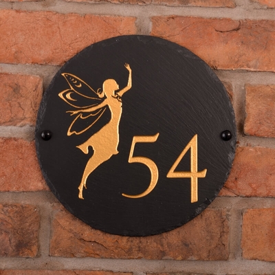 Round Rustic Slate House Number with Golden Fairy Image