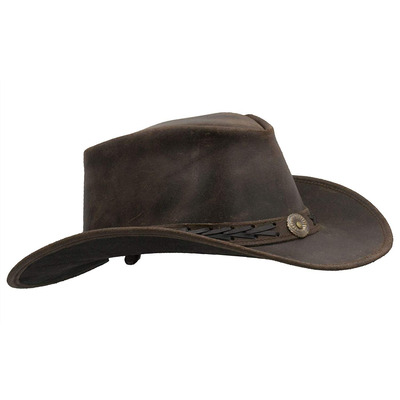 Walker & Hawkes Unisex Brown Leather Cowhide Outback Antique Hat - S (57 cm)
