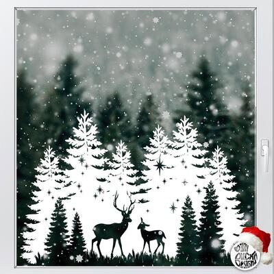 Christmas Trees & Stag Window Decal - White - Large (96x57cms)