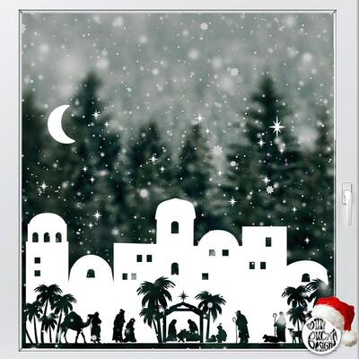 Christmas Nativity Village Window Decal - White - Large (120x85 - tallest building 58cms)