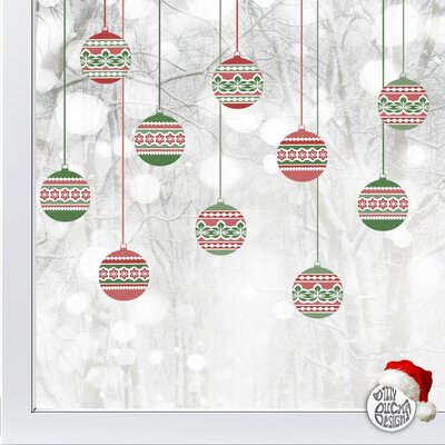 10 Nordic Christmas Bauble Window Decals - Red/Green - Medium Set
