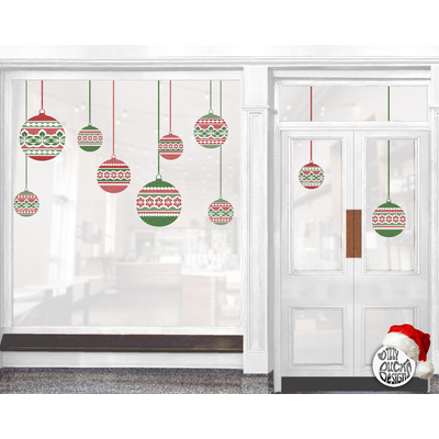 10 Nordic Christmas Bauble Shop Window Decals - Red/Green - Medium Set