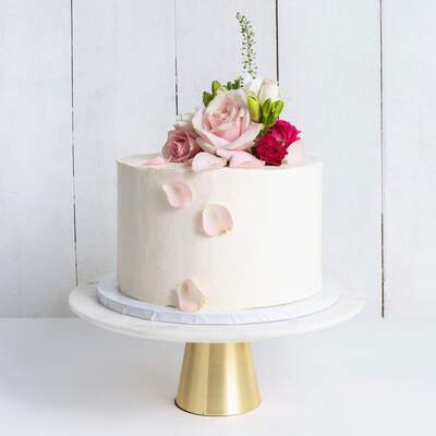 One Tier Decorated White Wedding Cake - Pink & Petals - Small 6"