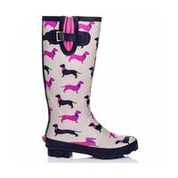 Image of Two Tone Womens Sausage Dog Tall Printed Wellies - Pink
