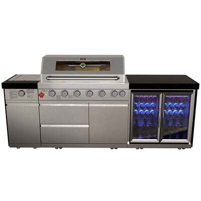 Draco Grills 6 Burner BBQ Modular Outdoor Kitchen with Sear Station and Double Fridge Unit, Available Now / Without Granite Side Panels