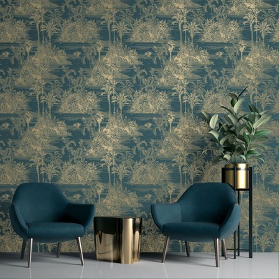 Eden Wallpaper Collection Tropical Toile Blue & Gold Muriva M37301