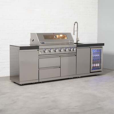 Draco Grills 6 Burner BBQ Modular Outdoor Kitchen with Cupboard, Single Fridge and Sink Unit, Available Now / Without Granite Side Panels