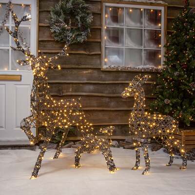 Grey Wicker Outdoor Light Up Christmas Stag Reindeer with 70cm Mother and Fawn