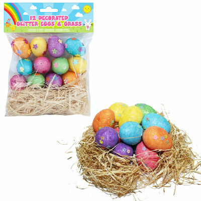 12 Pack Of Mini Glitter Eggs & Grass Easter Bonnet Decorations