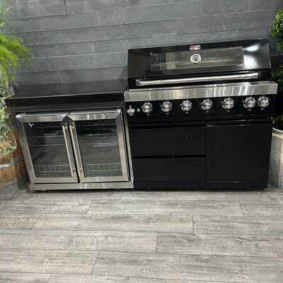 Ex Display Draco Grills 6 Burner BBQ Black Modular Outdoor Kitchen with Stainless Steel Double Fridge Unit