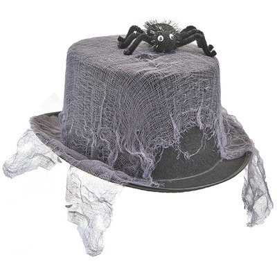 Adult Black Top Hat With Cobweb & Spider Halloween Fancy Dress
