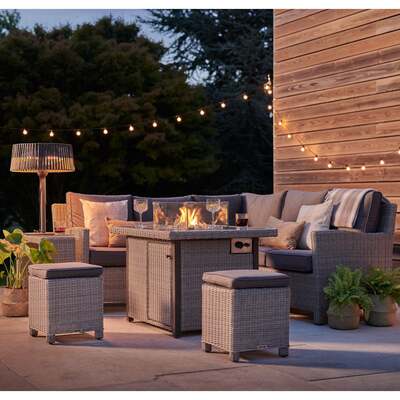 Ex Display Kettler Palma Mini Corner White Wash Wicker Outdoor Sofa Set with Fire Pit Table